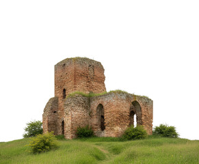 Solitary medieval fortress ruin covered with moss, standing proudly on a grassy knoll against