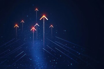 multiple neon arrows and vertical light trails rising from a glowing digital grid of blue particles on a dark background, conveying futuristic growth and optimism