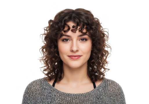 Portrait of a beautiful young woman with curly hair smiling isolated on transparent background head and shoulders studio shot