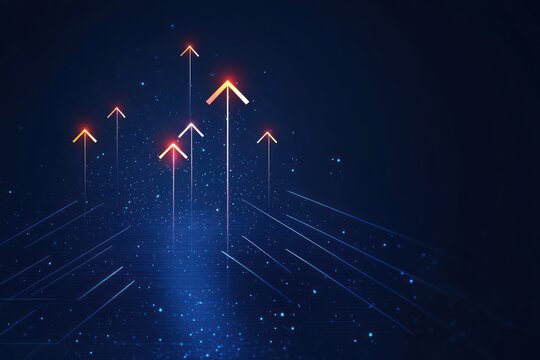 multiple neon arrows and vertical light trails rising from a glowing digital grid of blue particles on a dark background, conveying futuristic growth and optimism