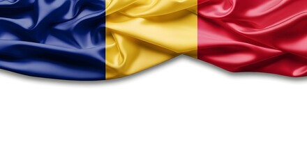 The Romanian flag, a tricolor of blue, yellow, and red, waving against a white background.