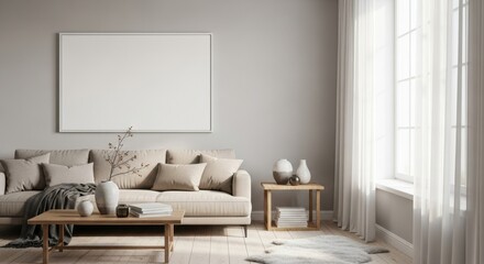 Elegant minimalist living room interior with neutral tones and natural light for modern home decor