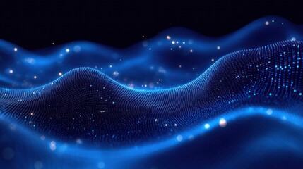 Glowing blue digital waves forming a dotted mesh and 3D grid with floating golden sparkles and bokeh on a dark background, evoking serene futuristic motion and mystery