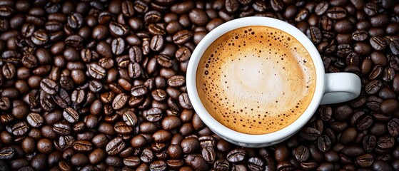 Top-down view of a white ceramic cup filled with frothy espresso crema resting on a bed of glossy roasted coffee beans, warm inviting and cozy