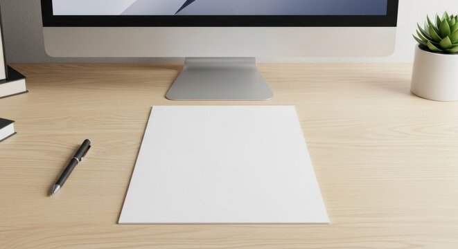 Minimalist computer workspace with clean desk setup and lush plant decoration