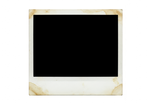 Old instant photo frame with stains isolated on transparent background, perfect for adding your own picture and creating a vintage effect