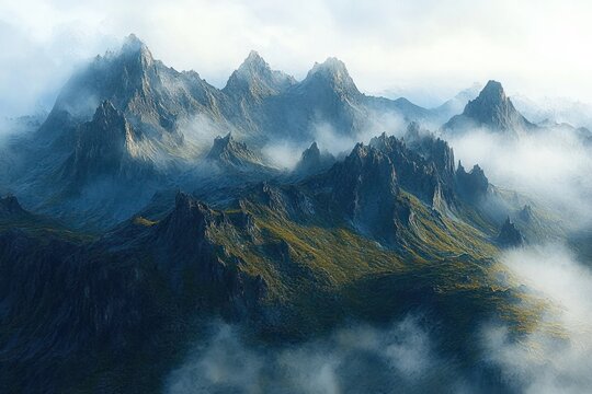 Majestic jagged mountain peaks and green ridged slopes shrouded in mist and low clouds with soft light, evoking awe and serene mystery - Powered by Adobe