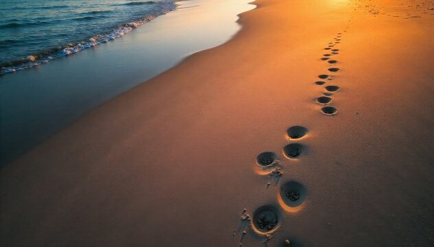 Isolated footprints on a vast, rippled desert sand dune at sunset. Close up aerial view of a single set of clear footprints pressed into the textured surface of a vast, wind swept desert sand dune