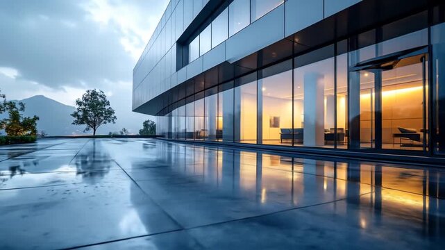 Modern architectural building with glass facade reflecting the sky and surroundings.
