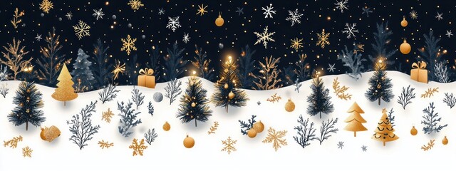 starry navy night over snow-covered hills dotted with decorated pine trees, golden baubles and stylized gold trees, gift boxes, snowflakes and glowing lights conveying cozy festive joy