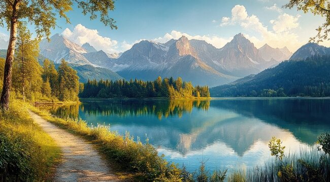 tranquil alpine lake at golden hour with a tree-lined dirt path along the grassy shoreline, mirrored jagged mountain peaks under a blue sky with fluffy clouds, peaceful and awe-inspiring