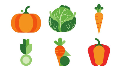 Vegetable Set Flat Design Icons Fresh Organic Pumpkin, Cabbage, Carrot and Bell Pepper