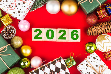 Happy New Year 2026, Christmas 2026, Christmas gifts placed in a festive atmosphere 