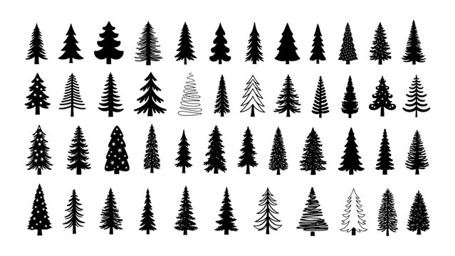 A versatile collection of minimalist evergreen tree vector icons in various simple hand-drawn styles