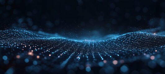 undulating glowing blue particle grid and sparkling dots forming a wave-like mesh over a dark background, evoking calm futuristic wonder