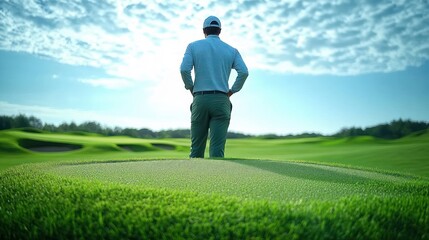 Solo golfer standing on a lush green golf course near a sand bunker under a bright cloudy sky, hands on hips in a calm, contemplative and focused pose