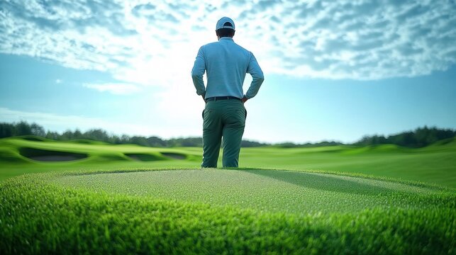 Solo golfer standing on a lush green golf course near a sand bunker under a bright cloudy sky, hands on hips in a calm, contemplative and focused pose