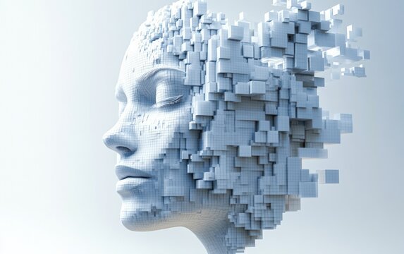 cluster of white and pale blue cubes forming a fragmented geometric structure on a soft gradient background, minimal and futuristic atmosphere