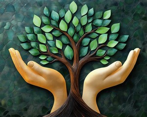 Two cupped hands gently cradling a flourishing tree with vibrant green leaves against a textured dark green background, evoking care, growth and protection