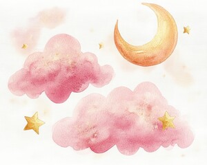 whimsical watercolor of two pink fluffy clouds, a golden crescent moon and twinkling gold stars with soft pastel texture, evoking a dreamy soothing nursery mood