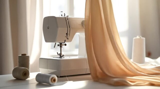 Sewing Machine and Fabric on a Table in Bright Sunlight.