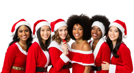 A diverse group of six young women wearing santa hats and red outfits, smiling and posing together