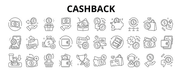 30 Cashback Line Icons Vector - Money Back, Wallet Refill, Cash Return, Saving Boost, Discount Cash, Cash Voucher, Promo Cashback