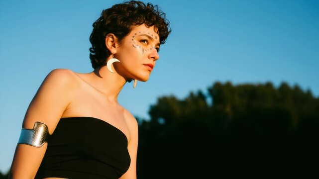 Ethereal young female with a pixie haircut and celestial makeup posing during golden hour. Mystical fashion portrait of a modern goddess with moon jewelry and an arm cuff. Triptych banner