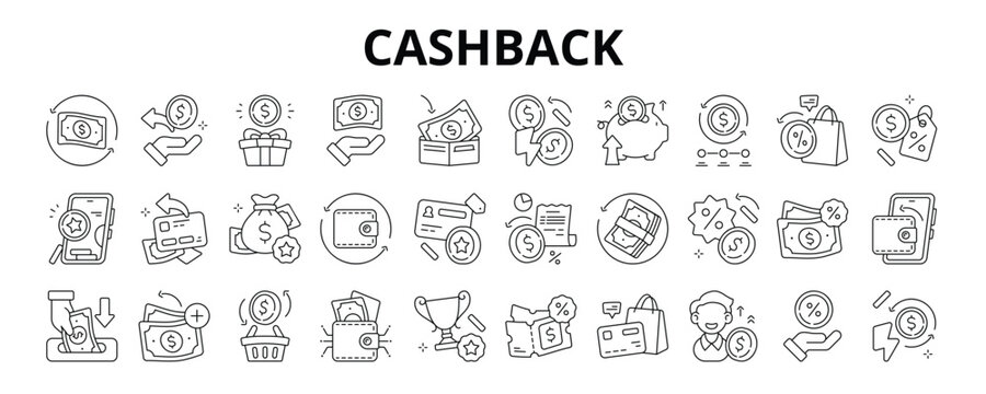 30 Cashback Line Icons Vector - Money Back, Wallet Refill, Cash Return, Saving Boost, Discount Cash, Cash Voucher, Promo Cashback