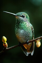 Obraz premium Iridescent green hummingbird perched on a twig with yellow flower buds, close-up portrait conveying serenity and gentle curiosity