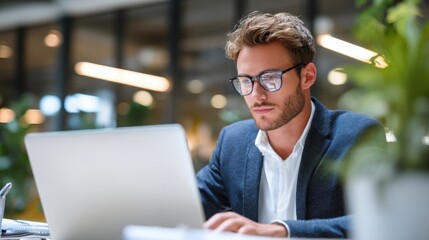 Focused professional man in glasses working on a laptop computer in a modern office environment