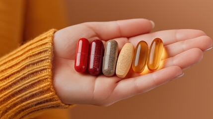 A woman's hand holding a variety of colorful vitamin pills and supplements. Daily dose of nutritional capsules for health and wellness