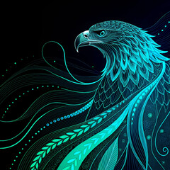 Detailed line art of an eagle with glowing turquoise feathers against a dark black background design
