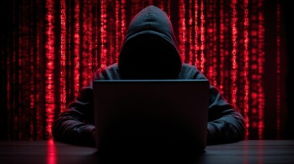 Anonymous figure in hoodie using laptop amidst falling red binary code