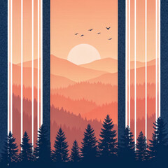 Scenic mountain landscape at sunset with silhouetted trees and birds in flight framed by vertical lines