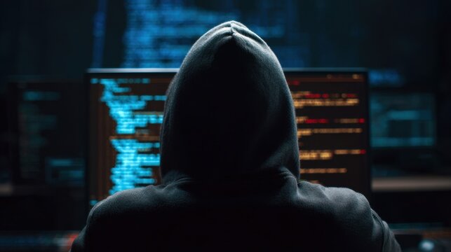 Person wearing a hooded sweatshirt facing multiple computer monitors displaying code in a dark room