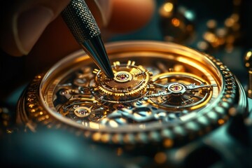 close-up of a watchmaker adjusting an intricate gold mechanical watch movement with a precision tool, warm light and a sense of focus and meticulous craftsmanship