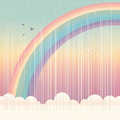 A pastel rainbow arches over clouds with rain and birds flying in a light blue sky with stars