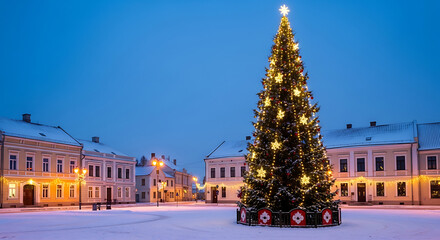 Tall illuminated christmas tree in a snowy town square at dusk
