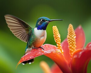 Obraz premium vibrant hummingbird with iridescent blue and green plumage perched on a red tropical flower with yellow stamens and water droplets, wings partially spread, serene close-up