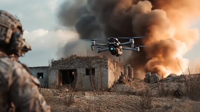Soldier observing a drone amidst an explosion at a war-torn site, showcasing military technology in action