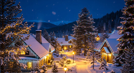 Magical winter village scene with snow covered houses and christmas lights