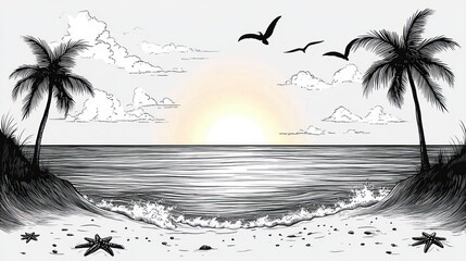 Serene coastal sketch of a tranquil sunrise over the ocean framed by two palm trees, gentle waves lapping a sandy beach with starfish, coastal grasses, clouds and flying seagulls