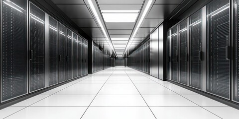 Sterile futuristic data center corridor lined with dark server racks on both sides, polished tiled floor, bright overhead lights and symmetrical vanishing perspective, calm precise atmosphere
