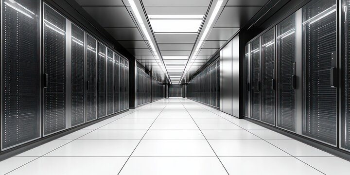Sterile futuristic data center corridor lined with dark server racks on both sides, polished tiled floor, bright overhead lights and symmetrical vanishing perspective, calm precise atmosphere - Powered by Adobe