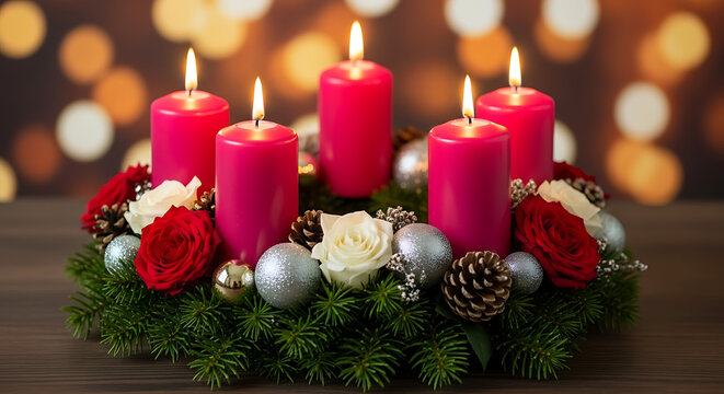 Christmas advent wreath with pink candles and festive decorations