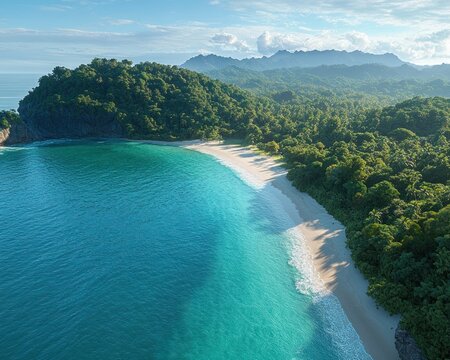 Aerial view of a secluded tropical bay with turquoise water, white sandy beach, lush green forest and distant misty mountains, evoking serene peacefulness - Powered by Adobe