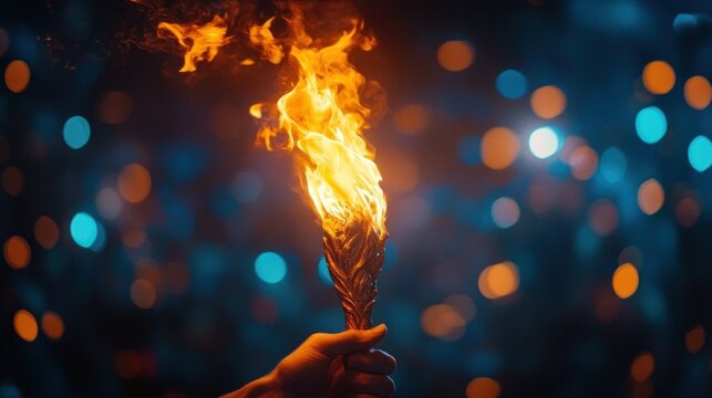 hand holding a flaming ornate torch against blurred blue and orange bokeh lights, evoking determination and celebration