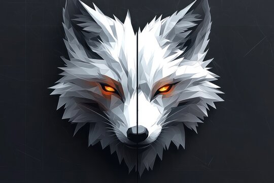 white geometric wolf head with glowing orange eyes split by a central vertical line on a dark textured background, intense and fierce gaze - Powered by Adobe