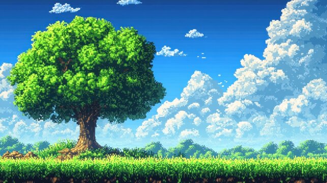Pixelated lone tree on a sunlit grassy field under a blue sky with towering fluffy cumulus clouds, distant treeline and tiny birds, tranquil nostalgic peaceful mood - Powered by Adobe